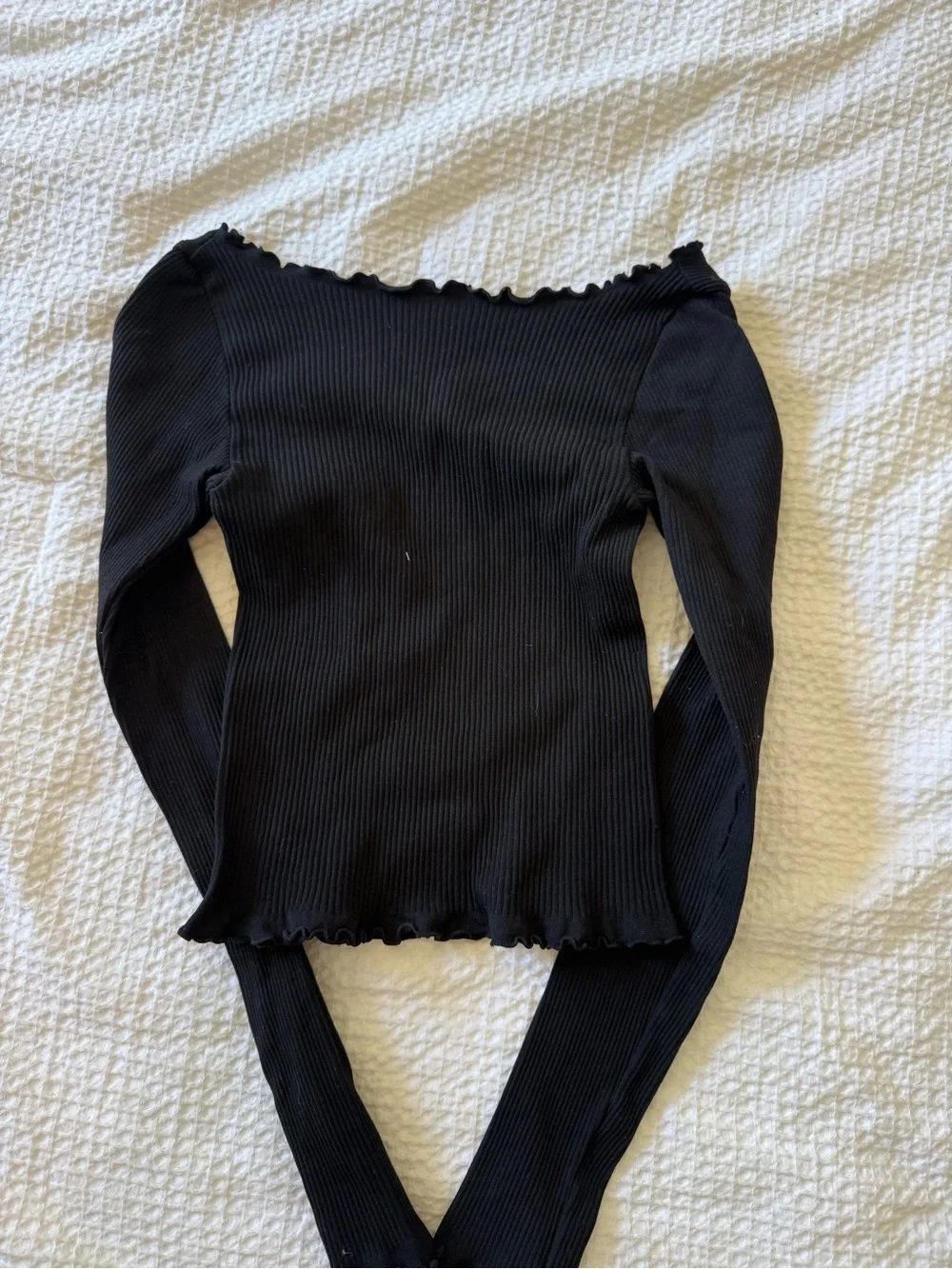Free People Black Ribbed V-Neck Lettuce-Edge Long Sleeve Top